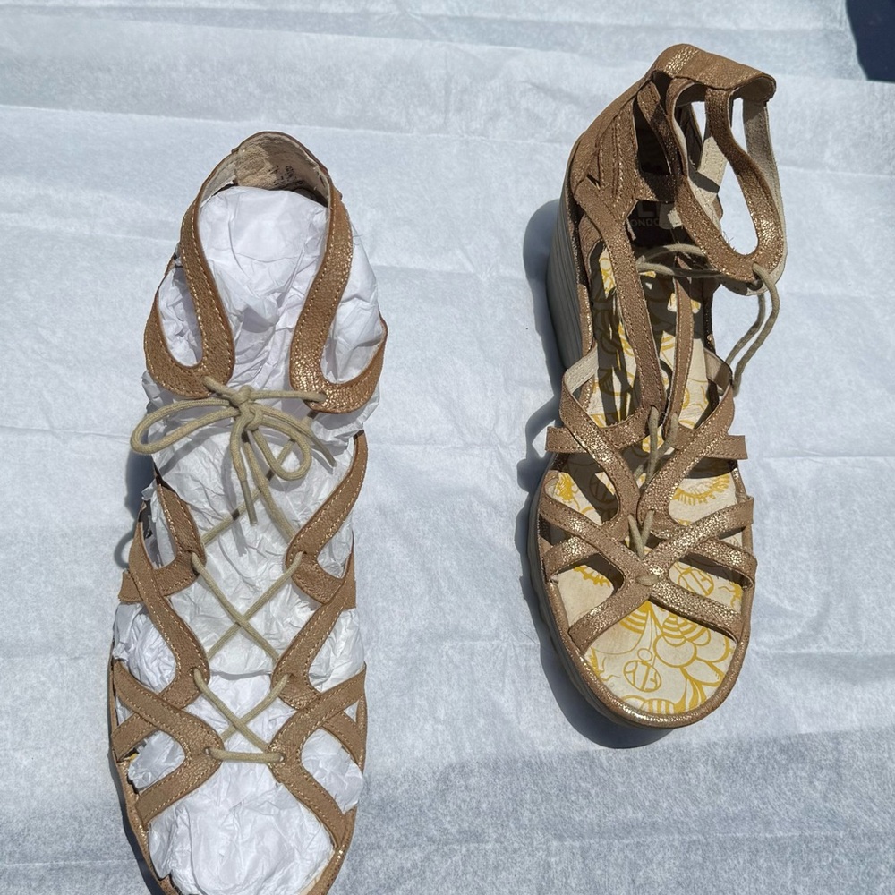 Fly London Tan Strappy Wedges